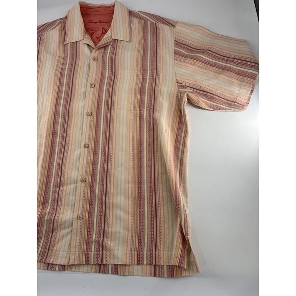 Tommy Bahama 100% Silk Shirt Mens Large Red Orange Striped Aloha Cruise Hawaiian - Picture 3 of 10